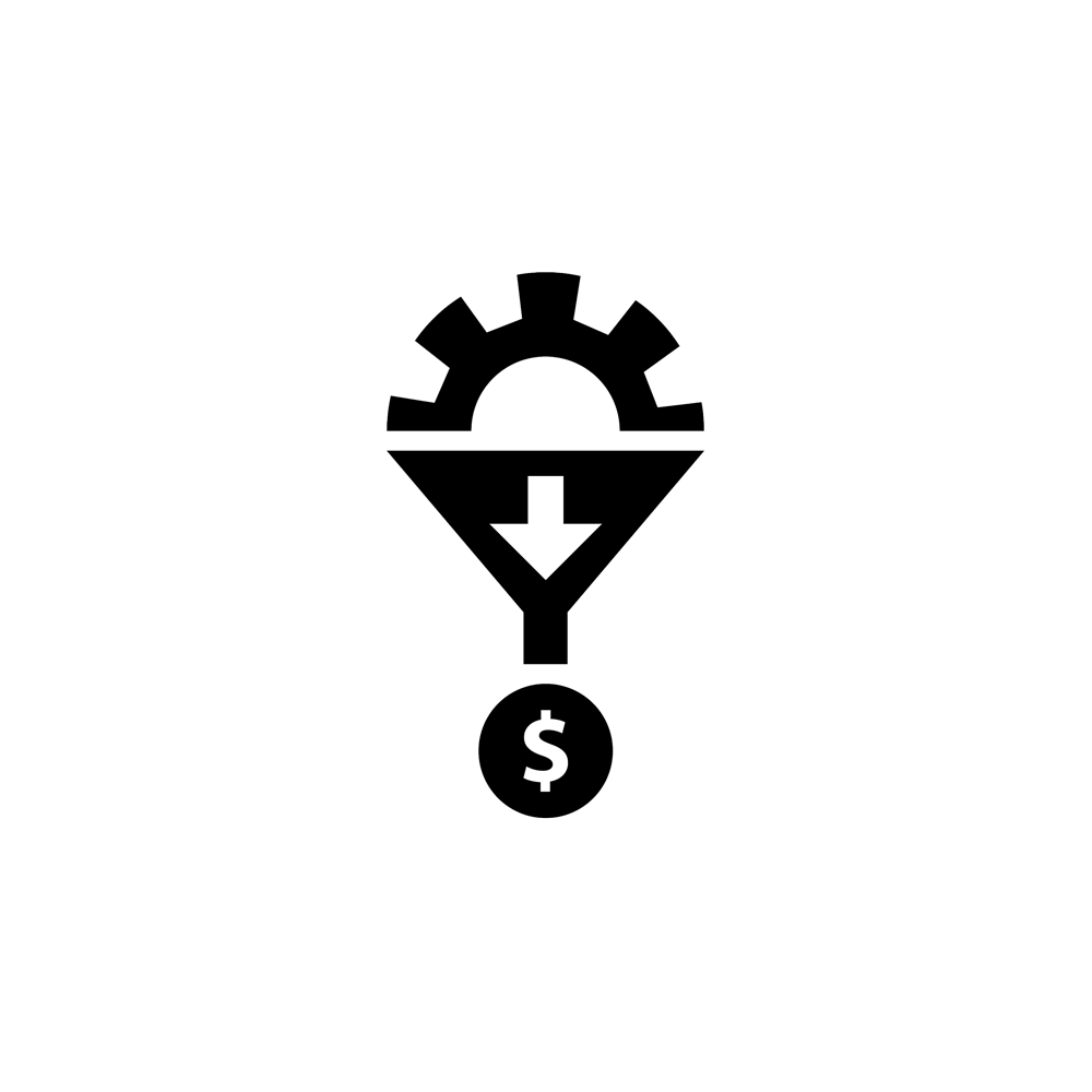 A funnel. At the top a cog, at the base, a dollar coin, nd arrow shows the flow through the funnel from cog to coin signifying lead geneation