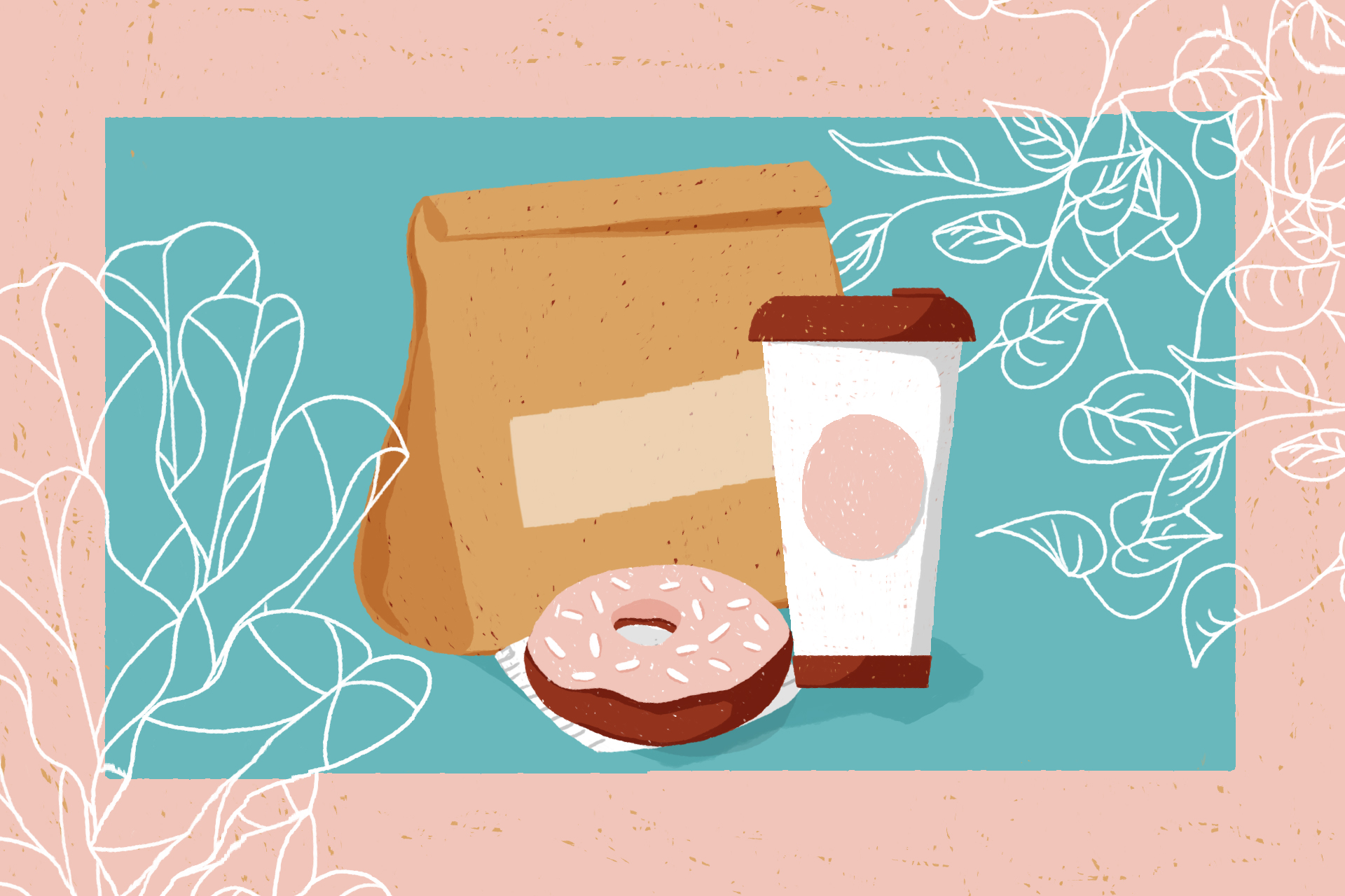 takeaway food and coffee illustrated in an organic frame of outlined plants