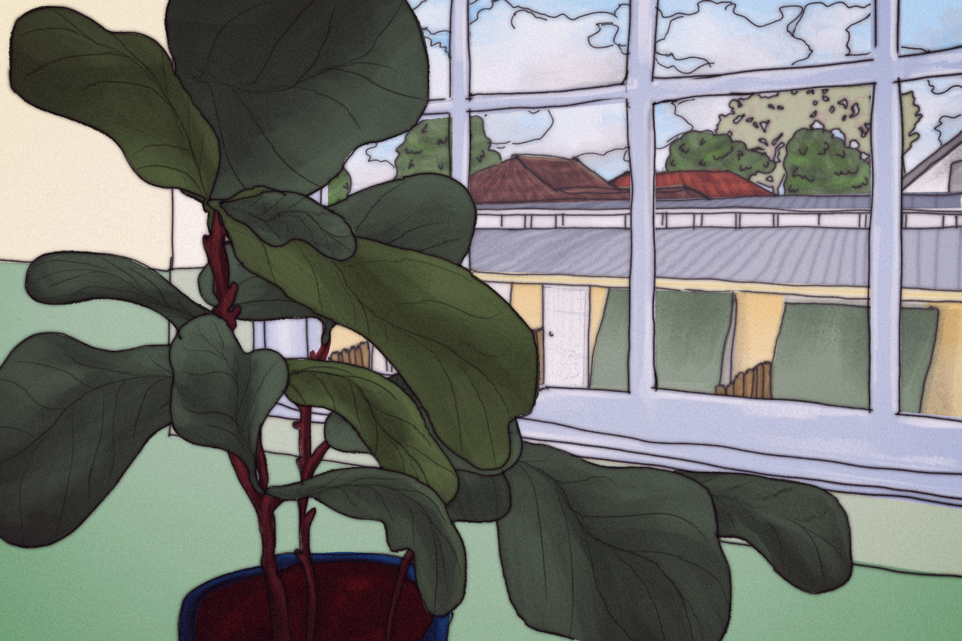 an illustrated view of a window with a fiddle fig in the foreground